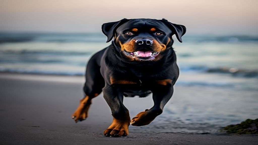 Elite dog trainer walking a muscular Rottweiler with perfect loose leash obedience on a Toronto residential street at golden hour