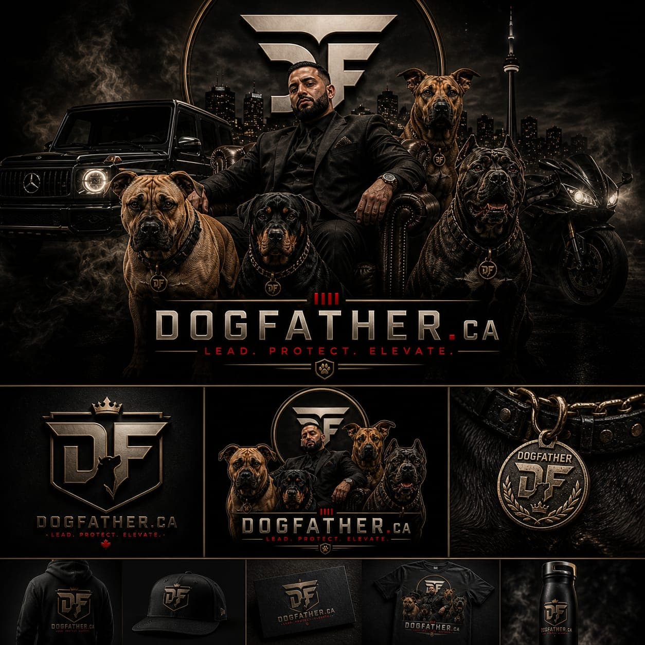The Dogfather - Elite K9 Trainer in Toronto with a pack of working breeds, G-Wagon, and motorcycle.